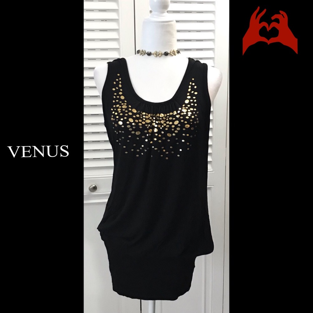 Venus. Black and gold sleeveless Convertible Dress Sz Med